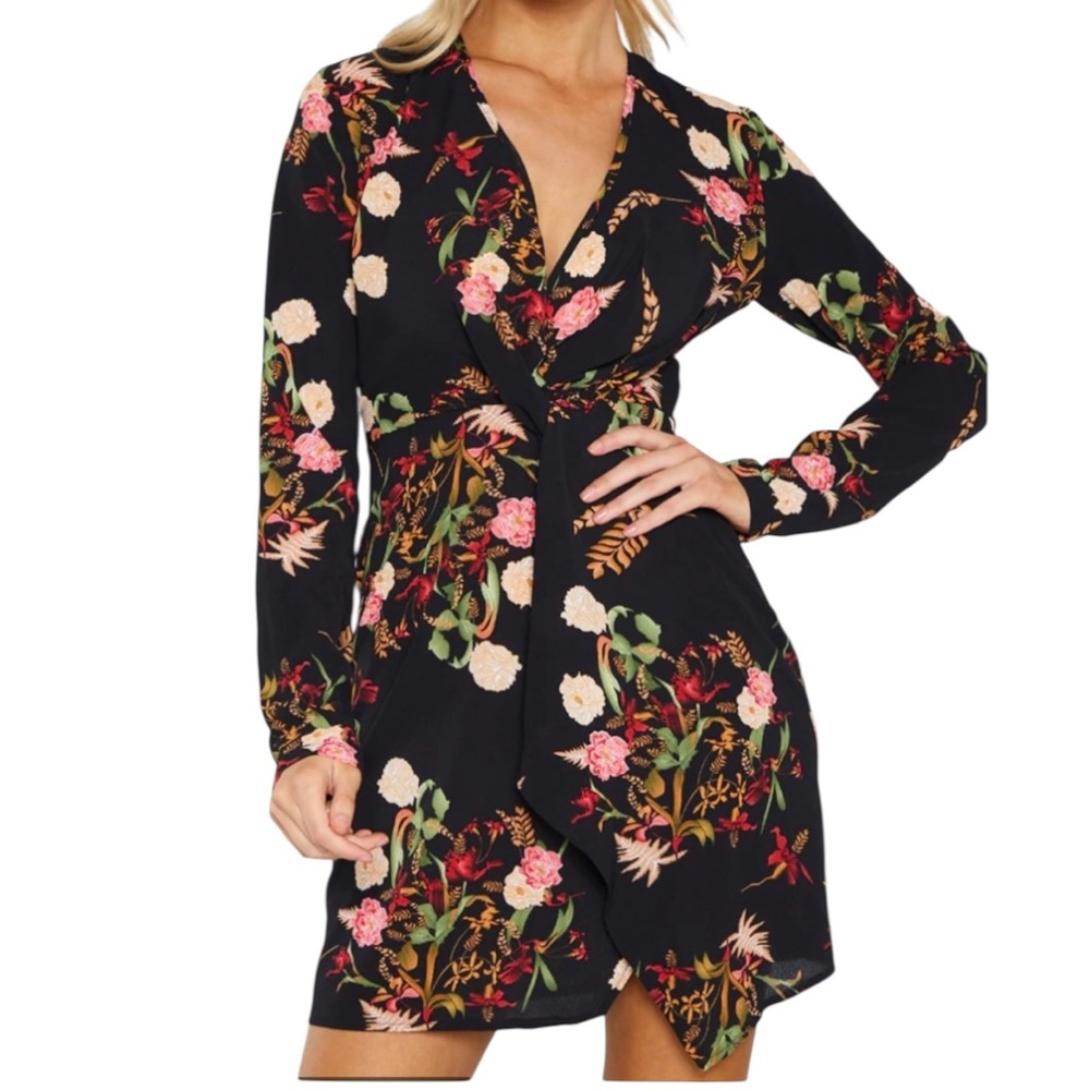PrettyLittleThing Black Floral Long Sleeve Wrap Dress